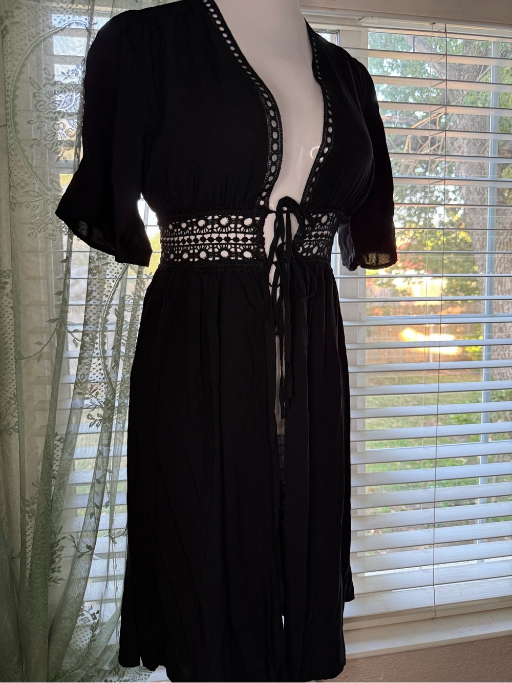Black Boho Lace-Trim Tie-Front Long Duster Cardigan Maxi Dress